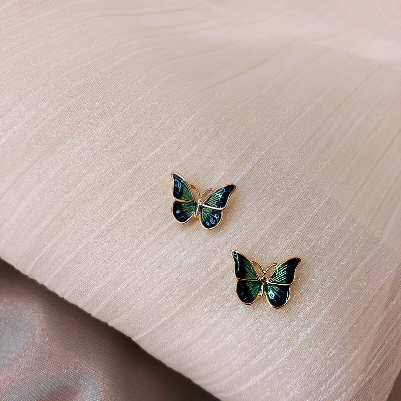 Korean net red oil painting style butterfly earrings women's high-end sense earrings 925 silver needle earrings French temperament ear jewelry