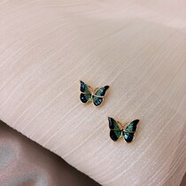 Korean Red Oil painting wind butterfly ear crash 925 silver needle earrings French - style ear accessories
