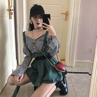 Đầu mùa thu mới của phụ nữ phiên bản Hàn Quốc của dây đeo thời trang quây kẻ sọc dài tay + dây thắt lưng cao váy hai bộ thủy triều áo sơ mi trắng đẹp