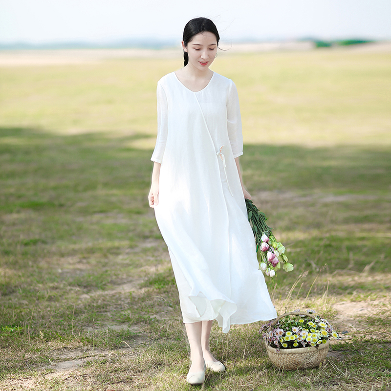 Vintage French-Style Flowy Cotton and Linen Dress for Women, Summer Zen Style, Plus Size Tea Dress, Slimming Linen Long Dress for Plus-Size Women