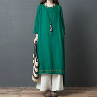 Mùa thu 2018 mới văn học lỏng lẻo của phụ nữ dài tay cotton và vải lanh chất béo mm cỡ lớn là váy dài lanh mỏng mẫu đầm dài đẹp