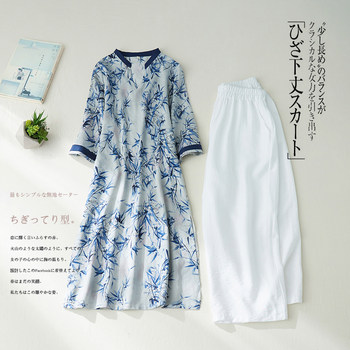 Chinese style cotton and linen V-neck top + large size wide-leg pants two-piece set fat mm mid-length ramie Zen tea suit