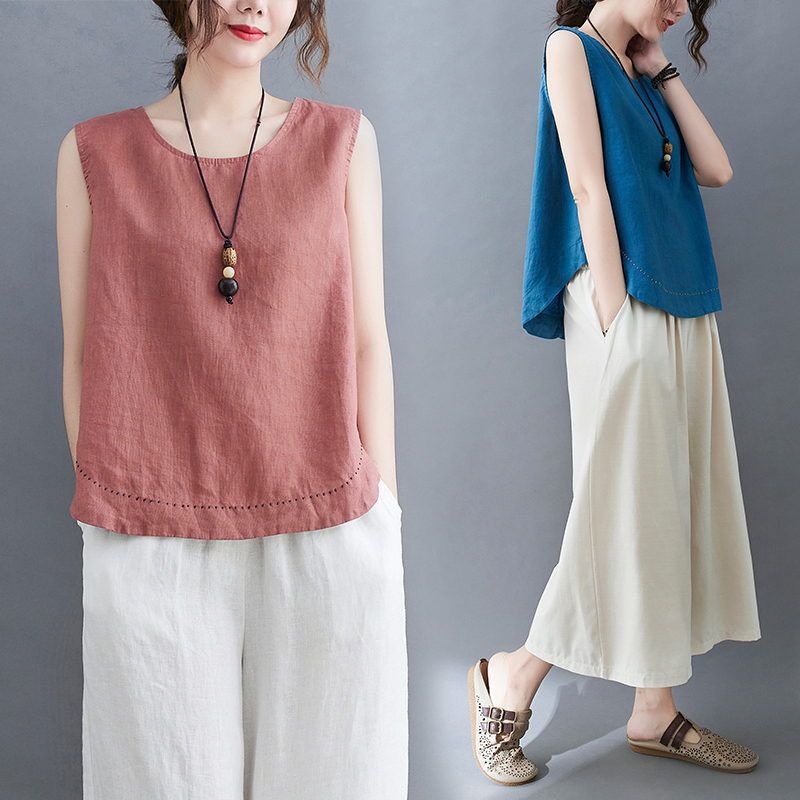 Summer Thin Base Shirt, Age-Reducing Casual Linen Vest, Small Shirt, Artistic Plus-Size Sleeveless Top, Cotton-Linen Stylish Women's Clothing