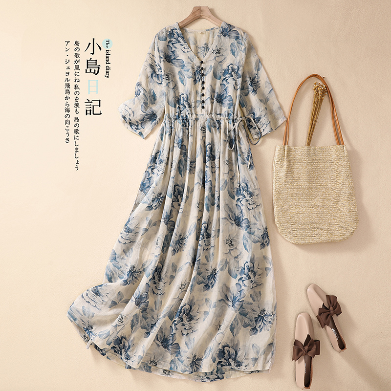 Italian Top Brand Summer New Vintage-Style Artistic V-Neck Ramie Printed Pleated Flared Dress Italian Top Brand Summer New Vintage-Style Artistic V-Neck Ramie Printed Pleated Flared Dress