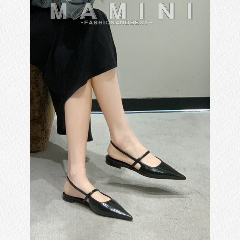 Masini French Genuine Leather Pointed Toe Stiletto Heels Sandals Women's Commuter Shoes New Shallow Mouth Flats Bottom Cat Heel Baotou
