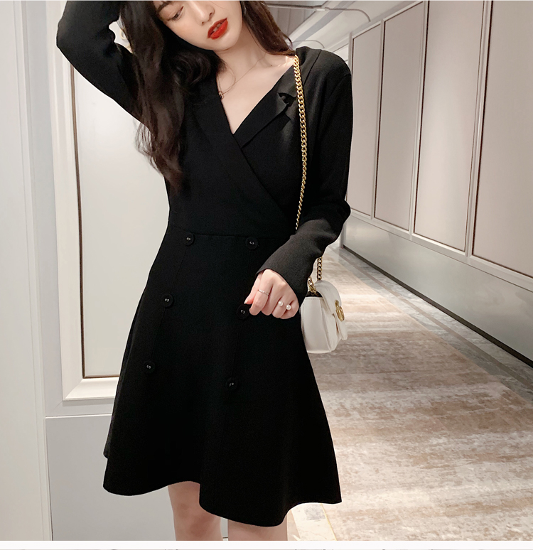 VK旗艦店 韓系雙排扣收腰顯瘦針織西裝領長袖洋裝