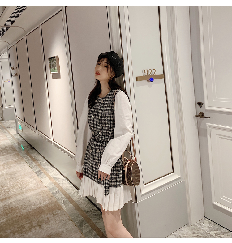 VK旗艦店 韓系修身顯瘦小香風拼接假兩件長袖洋裝