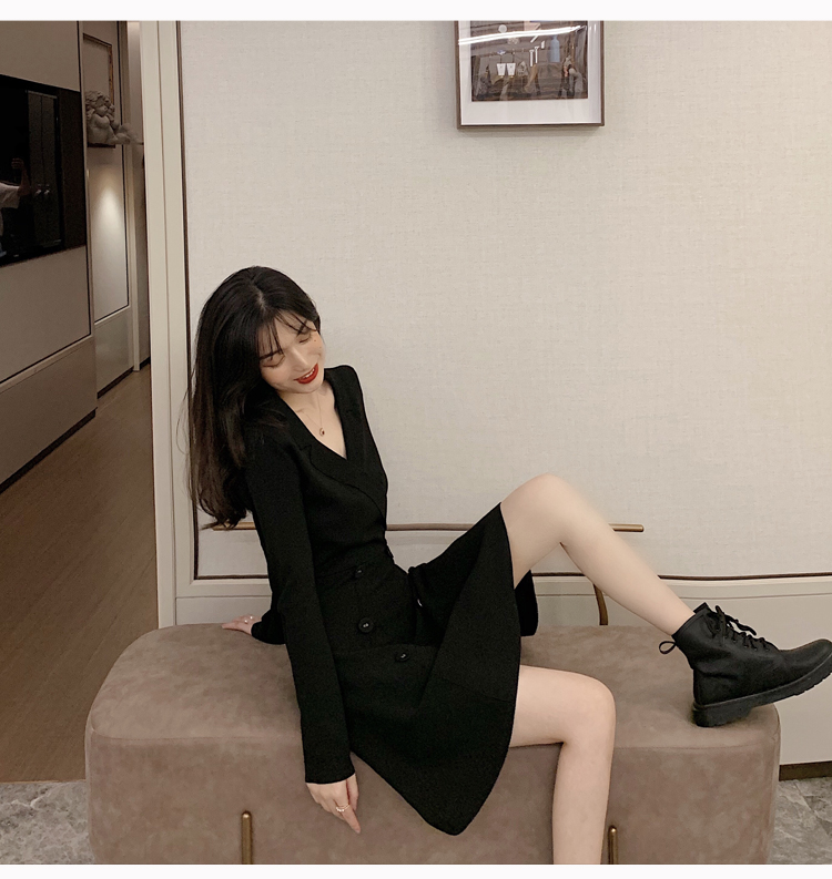 VK旗艦店 韓系雙排扣收腰顯瘦針織西裝領長袖洋裝