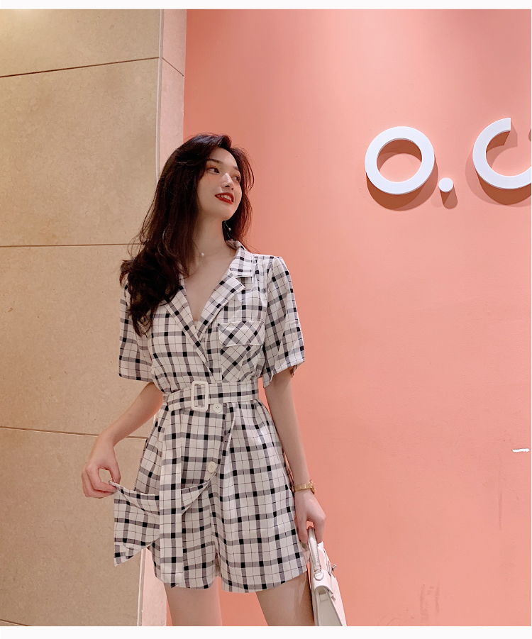VK旗艦店 韓系時尚寬鬆格子腰帶百搭連身套裝短袖褲裝