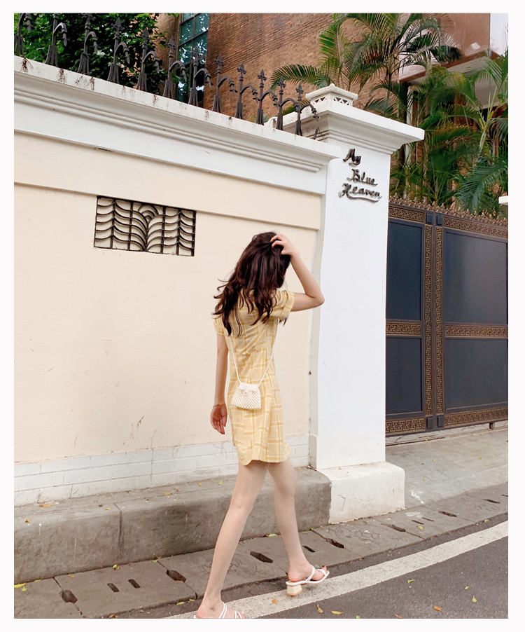 VK旗艦店 韓系復古西裝領格紋高腰系帶氣質短袖洋裝