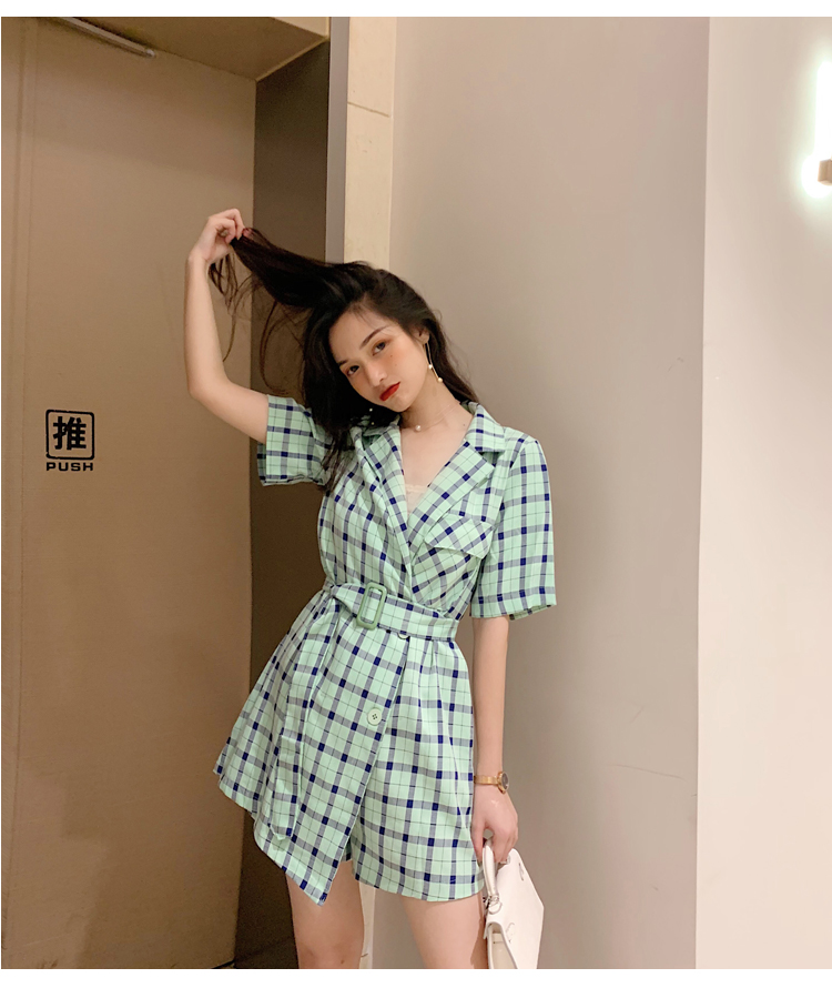VK旗艦店 韓系時尚寬鬆格子腰帶百搭連身套裝短袖褲裝