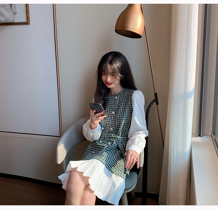 VK旗艦店 韓系修身顯瘦小香風拼接假兩件長袖洋裝