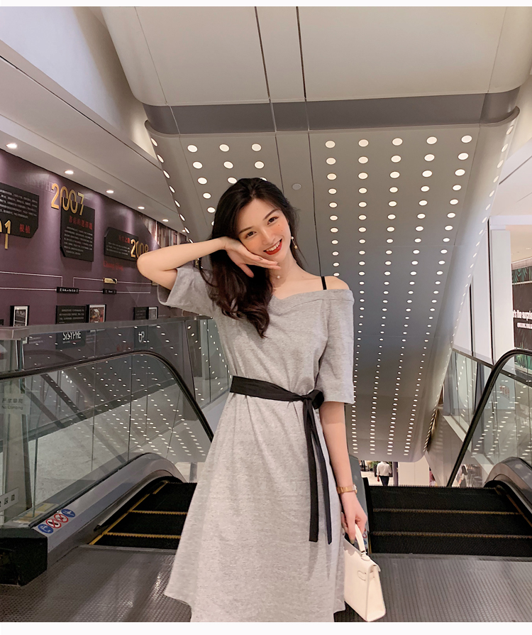 VK旗艦店 韓系一字領露肩收腰修身顯瘦短袖洋裝