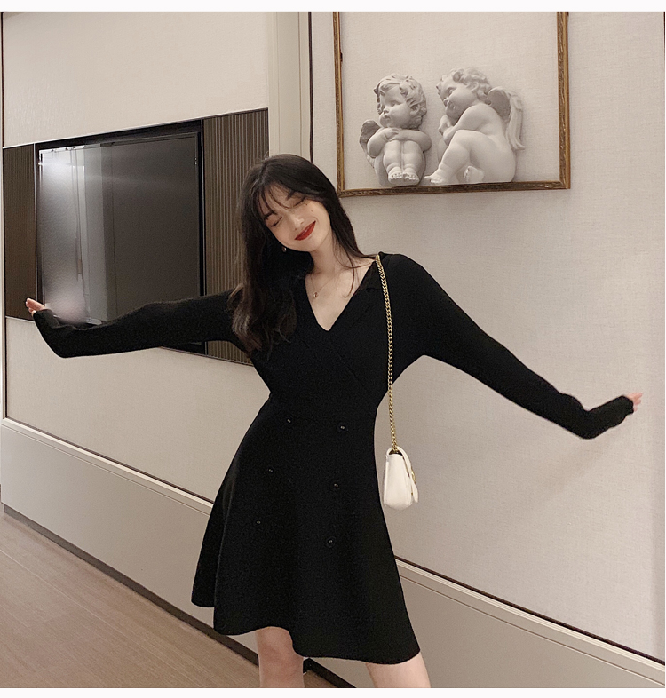 VK旗艦店 韓系雙排扣收腰顯瘦針織西裝領長袖洋裝