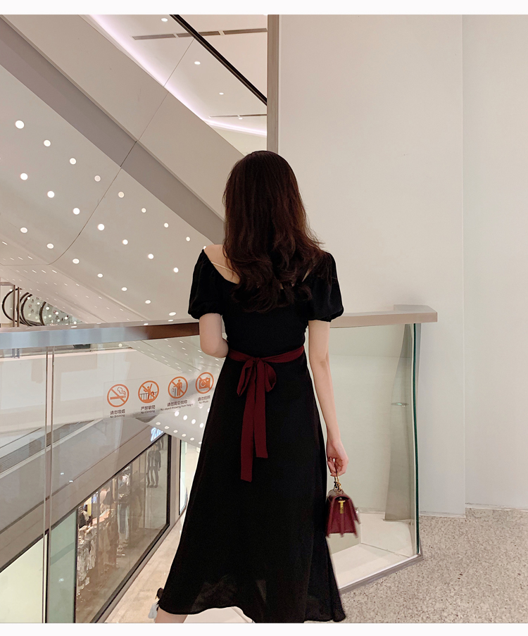 VK旗艦店 韓系一字領兩穿V領收腰系腰帶長版短袖洋裝