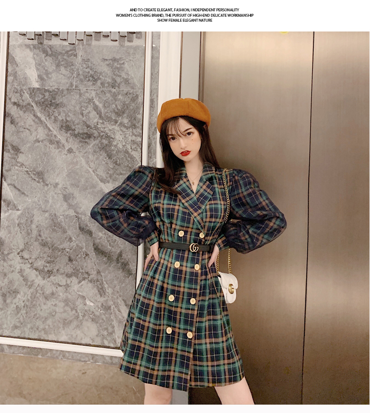 VK旗艦店 韓系格紋收腰系帶網紗拼接西裝長袖洋裝