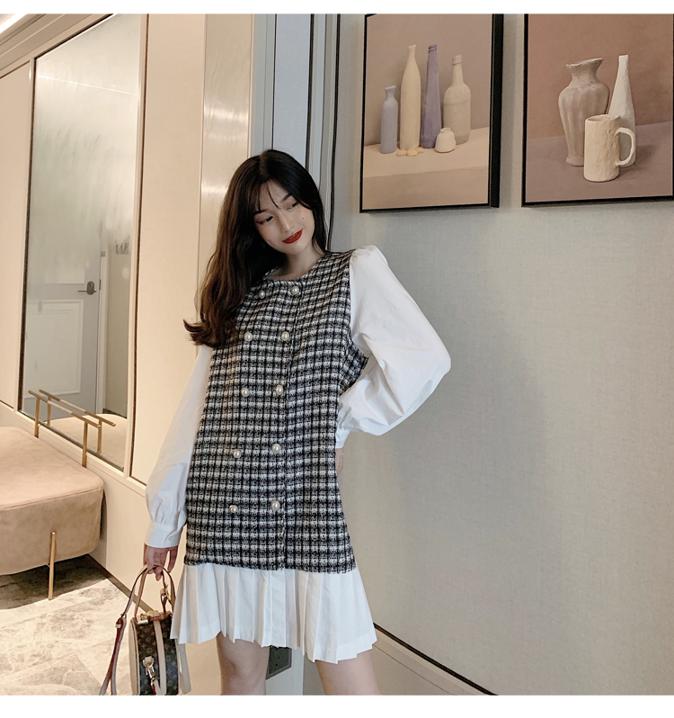 VK旗艦店 韓系修身顯瘦拼接假兩件千鳥格長袖洋裝