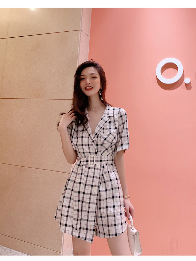 VK旗艦店 韓系時尚寬鬆格子腰帶百搭連身套裝短袖褲裝