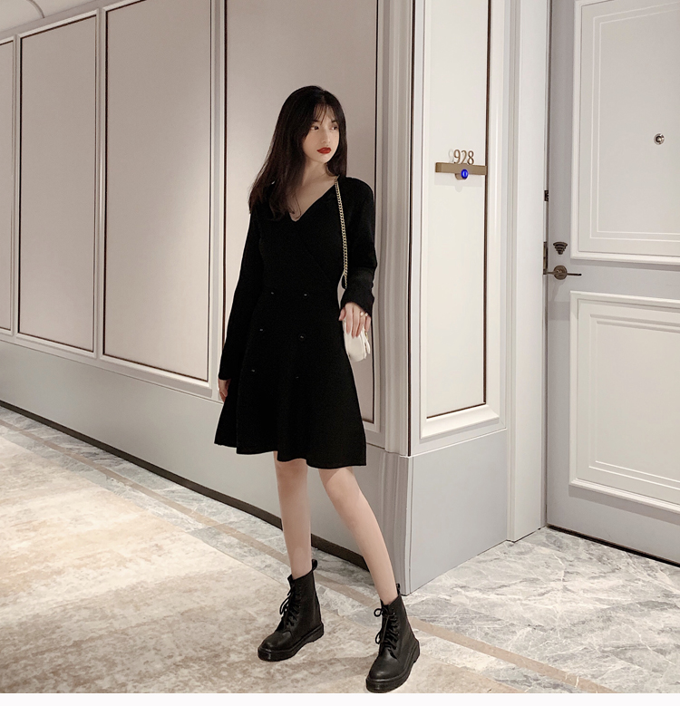 VK旗艦店 韓系雙排扣收腰顯瘦針織西裝領長袖洋裝