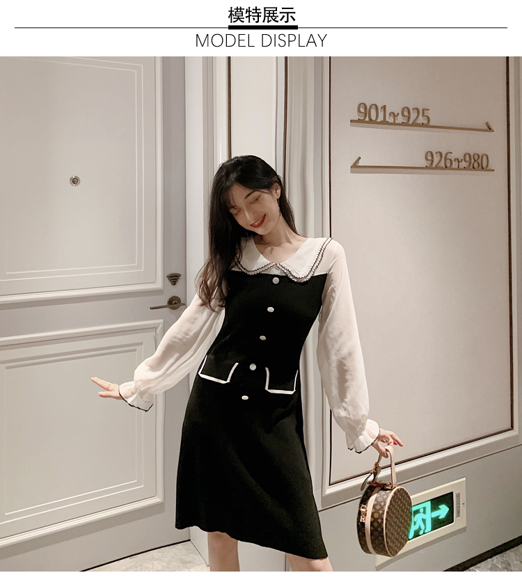 VK旗艦店 韓國風淑女優雅娃娃領單排扣長袖洋裝