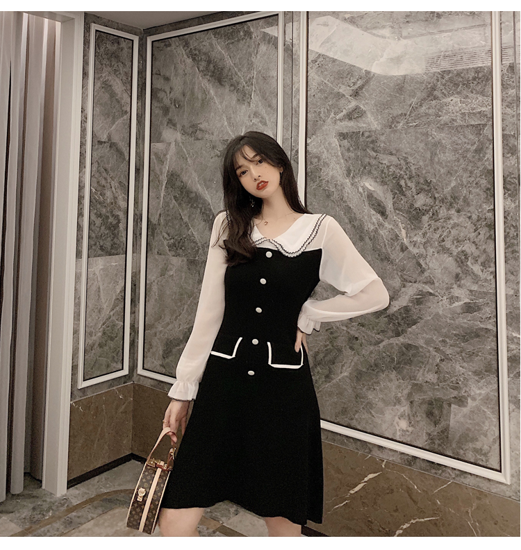 VK旗艦店 韓國風淑女優雅娃娃領單排扣長袖洋裝