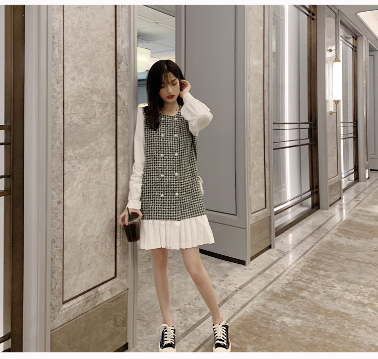 VK旗艦店 韓系修身顯瘦小香風拼接假兩件長袖洋裝