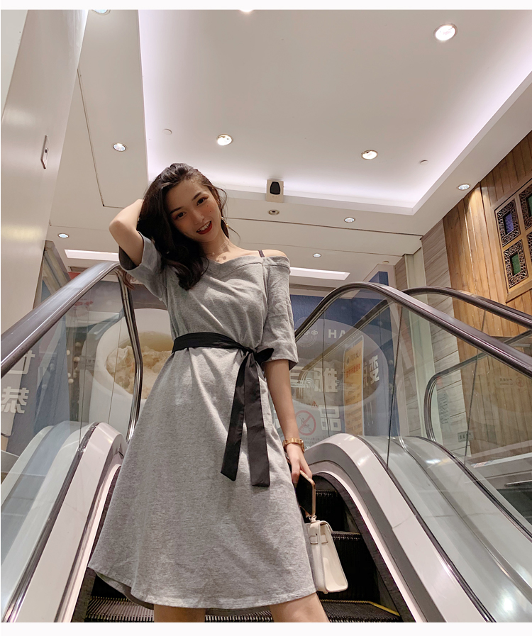 VK旗艦店 韓系一字領露肩收腰修身顯瘦短袖洋裝