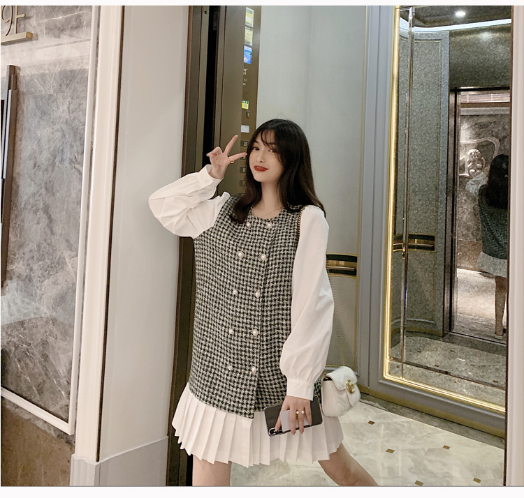 VK旗艦店 韓系修身顯瘦拼接假兩件千鳥格長袖洋裝