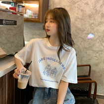2022 Summer new loose cartoon printed T-shirt woman short sleeve foreign air 100 lap pure cotton casual half sleeve clothes