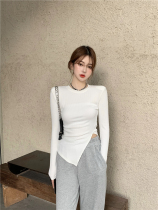 Irregular long sleeve T-shirt woman 2021 fall new round collar Lower swing side open fork jacket with a hitch undershirt