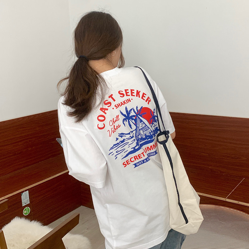 2022 summer new loose mid-length T-shirt women's short-sleeved net red Hong Kong style cartoon printed cotton half-sleeve top