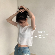 2022 New Summer Han Edition Student Short blouses foreign air knit ice silk short sleeve t-shirt female-ins Chaunet red