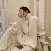 Autumn winter day Department Lazy Wind Design Sensation Small Crowdzipped High Collar Warm Thickening Sweater Woman Loose Jacket Needle Cardigan