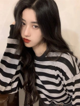 American retro striped sweatshirt female spring dress slim fit bf Lazy Windsurf with long sleeves High waist short and short