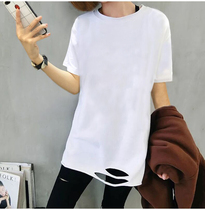 2020 summer new all-match student perforated white t-shirt womens short-sleeved loose mid-length top clothes ins tide