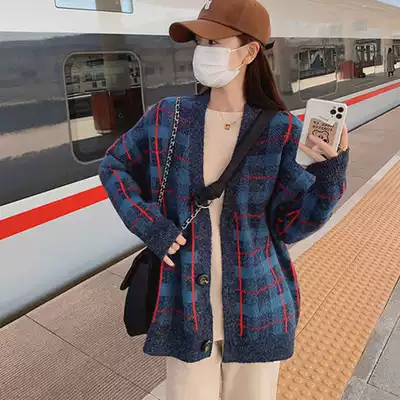 2021 autumn and winter New retro lazy style simple fashion Plaid knitted cardigan Joker sweater jacket women