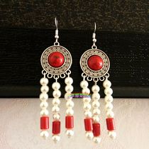 Mongolian element short tassel earrings Handmade beaded earrings Mongolian robe with jewelry performance jewelry