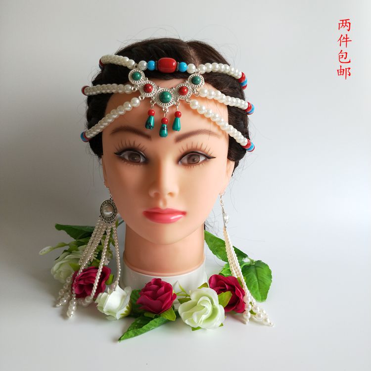 Tibetan female headwear white handmade production performance forehead decoration Inner Mongolia ethnic clothing accessories Brow Pendant Hair Accessories