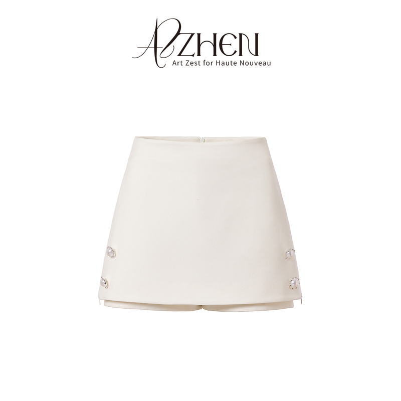 Azzhen【Leg Beauty Sweetheart】Exquisite Rhinestone Buckle High-Waisted Hip-Hugging Faux Two-Piece Skirt Pants
