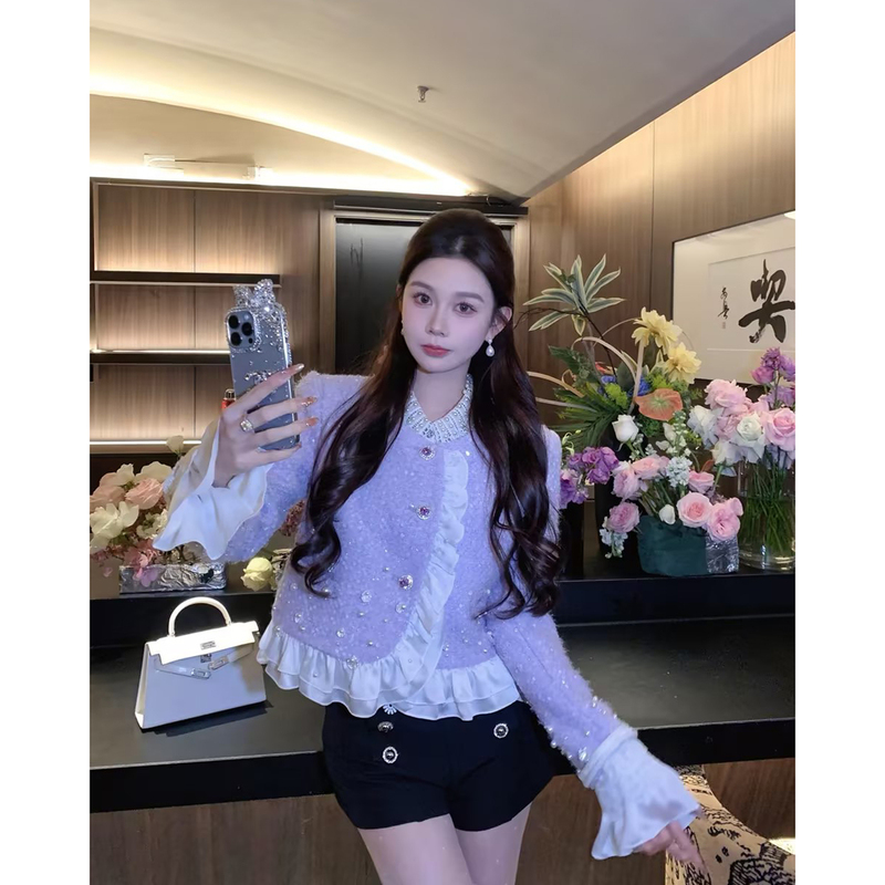 Azzhen【Senna Garden】Light Luxury Heavy-Duty Beaded Shell Design Versatile Elegant Slimming Chanel-Style Jacket