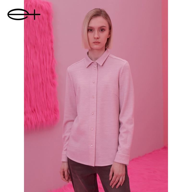 Yijia E+ New Winter Brand Women's Light Pink Simple Small Lapel Knitted Wool Long-Sleeved Shirt