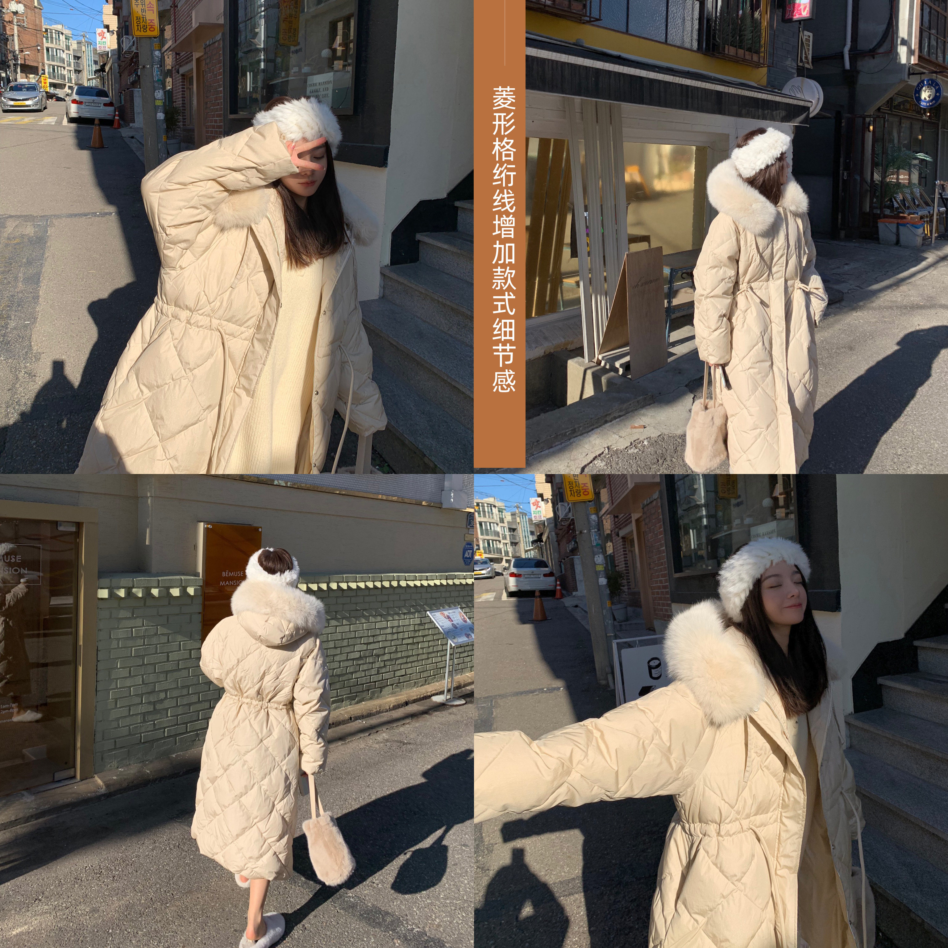 Mrs Qian long version over the knee Lingge down jacket women's 2019 new winter clothing hooded waist thin big hair collar jacket