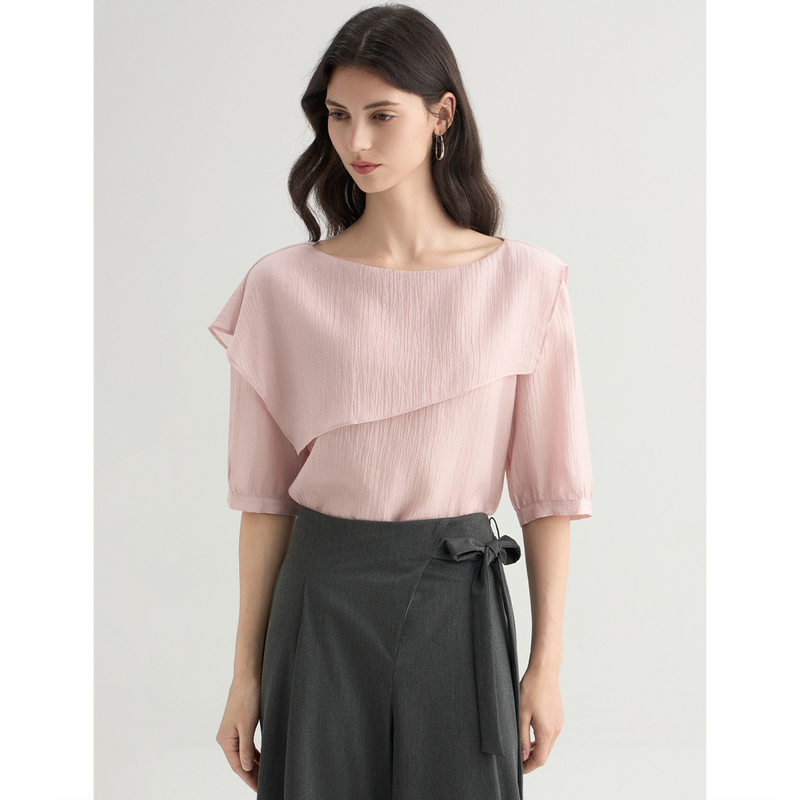 Ruiqia Collection|Asymmetrical Loose-Fitting Design, Round Neck, Mid-Sleeve, Elegant Shirt, Mulberry Silk Blend Top for Women Ruiqia Collection|Asymmetrical Loose-Fitting Design, Round Neck, Mid-Sleeve, Elegant Shirt, Mulberry Silk Blend Top for Women