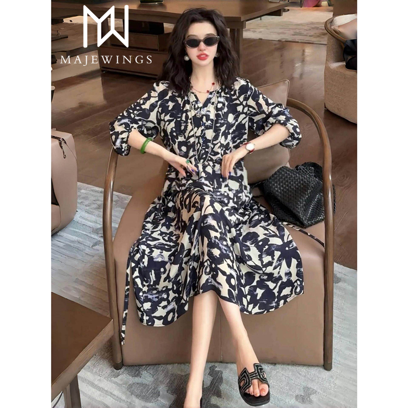 Authentic High-End French-Style Dress for Women, Summer Thin Fashion Retro Chic Floral Mid-Length Dress