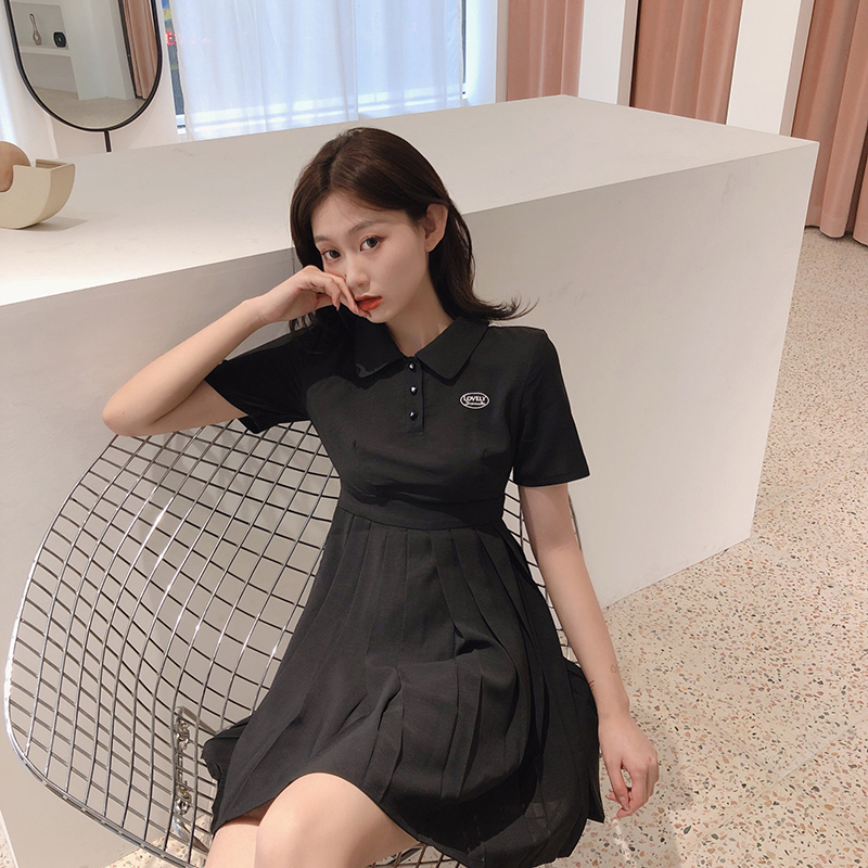 VK旗艦店 韓國學院風POLO領修身學生百褶裙短袖洋裝
