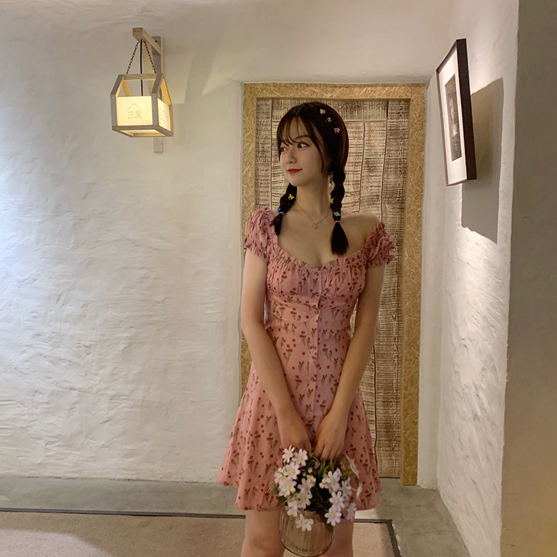 VK旗艦店 韓系印花撞色碎花V領氣質甜美短袖洋裝