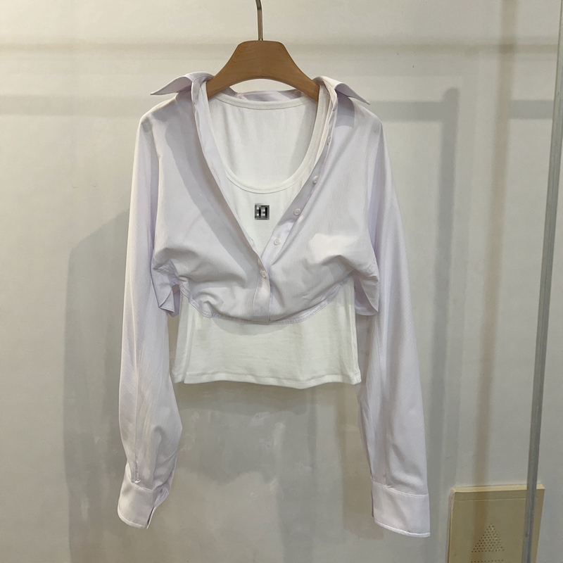 2026 European Collection Shenzhen Early Spring New Style Faux Two-Piece Single-Breasted Waist-Cinching Turn-Down Collar Short Shirt Top