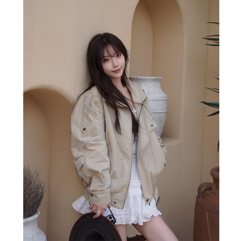 2026 Autumn New Khaki Korean Style Loose Retro Stand Collar Short Windbreaker for Petite Women with Zipper Workwear Jacket