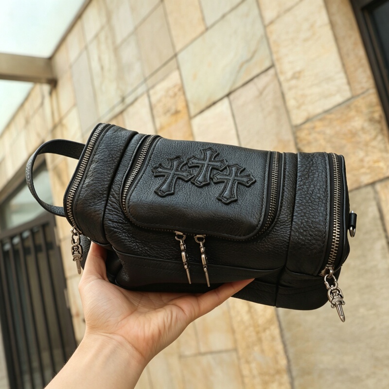 High-End Genuine Leather Storage Bag with Cross Embossed Cowhide, Multifunctional Cylindrical Crossbody Bag, Large Capacity, Unisex, Black