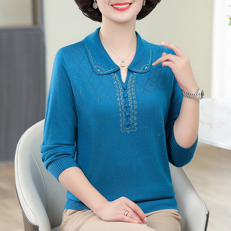 Mother's Spring Knit Base Shirt, Stylish Sweater for Middle-Aged and Elderly Women, Collared Pullover, Long-Sleeved, Stylish Grandma Top